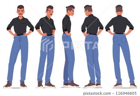 Man In Various Poses And Angles To Highlight Aspects Of His Attire And Physique. Male Character Wears A Stylish Shirt Man In Various Poses And Angles To Highlight Aspects Of His Attire And Physique. Male Character Wears A Stylish Shirt 116946605