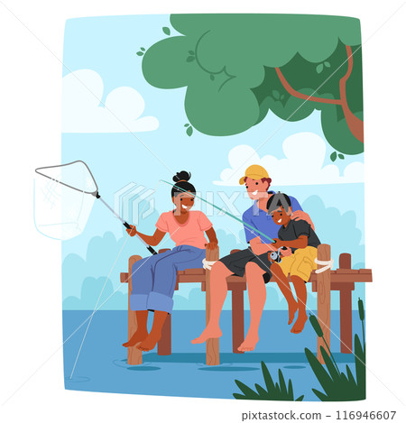 Cheerful Family Fishing Sitting On A Wooden Pier With Lush Greenery In The Background, Cartoon Vector Scene Cheerful Family Fishing Sitting On A Wooden Pier With Lush Greenery In The Background, Cartoon Vector Scene 116946607