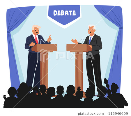 Two Elderly Caucasian Male Politicians Characters Engage In Lively Debate On Stage, Addressing A Diverse Audience Two Elderly Caucasian Male Politicians Characters Engage In Lively Debate On Stage, Addressing A Diverse Audience 116946609