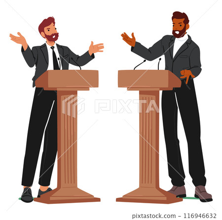Two Animated Men Engage In A Spirited Debate, Gesturing Emphatically As They Make Their Points, Vector Illustration 116946632