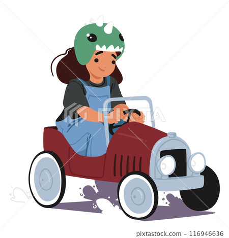 Girl In A Dinosaur Helmet Rides A Vintage Pedal Car. Little Kid Character Showcasing A Blend Of Old-fashioned Charm Girl In A Dinosaur Helmet Rides A Vintage Pedal Car. Little Kid Character Showcasing A Blend Of Old-fashioned Charm 116946636