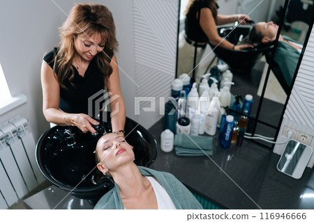Top view of female hairstylist washing young woman client hair with warm water over sink in barbershop. Blonde female visiting beauty salon for modern haircut. Concept of fashion and beauty. Top view of female hairstylist washing young woman client hair with warm water over sink in barbershop. Blonde female visiting beauty salon for modern haircut. Concept of fashion and beauty. 116946666