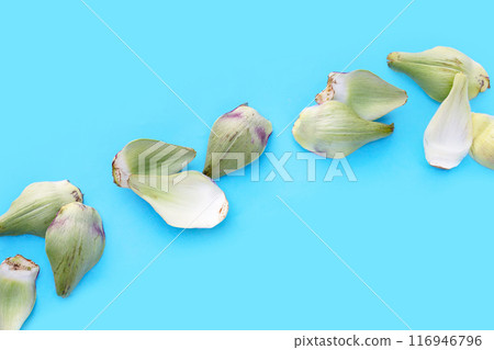 Fresh artichoke petals on blue background Fresh artichoke petals on blue background 116946796