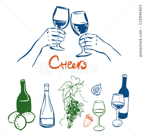 Vector bar wineglasses doodle set. Hand painted drink objects and elements: wineglass, bottles and fruits isolated on white background. Illustration for design, print, fabric or background. Vector bar wineglasses doodle set. Hand painted drink objects and elements: wineglass, bottles and fruits isolated on white background. Illustration for design, print, fabric or background. 116946801