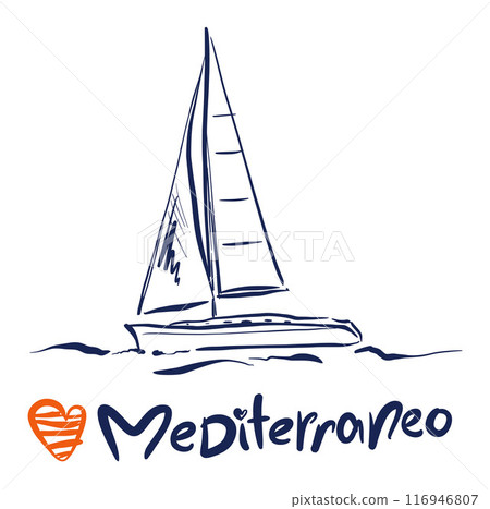 Vector linear yacht illustrations. Hand-drawn boat on the sea isolated on white background. For design, print, interior or background. 116946807