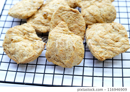 Textured soy protein on cooling rack. Textured soy protein on cooling rack. 116946909