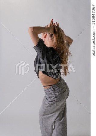 face person beauty model beautiful lady background hair cap white hand modern portrait young look 116947367