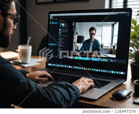 一名男子在家工作並召開 Zoom 會議 116947370