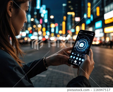 A woman operating a smartphone in the city at night A woman operating a smartphone in the city at night 116947517