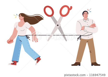 Dissolution of man and woman who failed in choosing partner for marriage, with scissors cutting bond 116947549