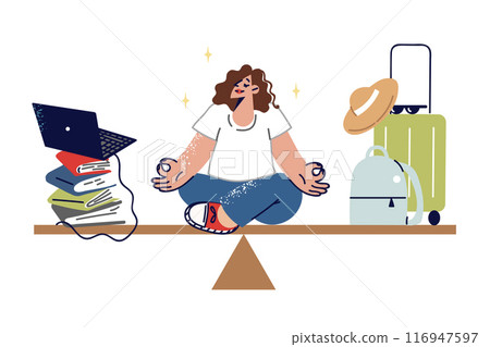Woman student meditates to maintain balance, sits on swing between objects for tourism and education Woman student meditates to maintain balance, sits on swing between objects for tourism and education 116947597