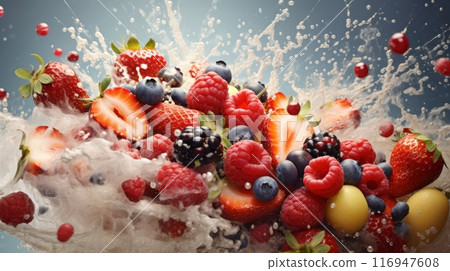 A bunch of fruit and berries is falling into the water 116947608