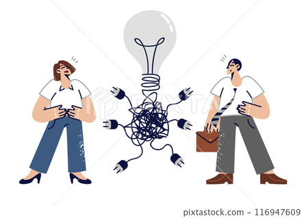 Chaos when trying to come up with idea for business man and woman choosing right way to innovate 116947609