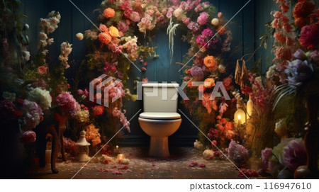A toilet surrounded by flowers and candles 116947610