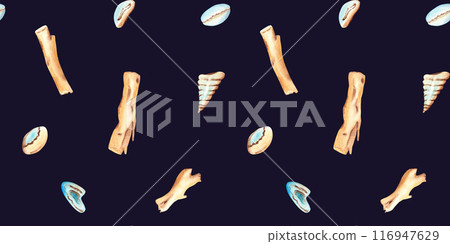 Watercolor Under the sea hand drawn Seamless Pattern with Seashells and Wooden Stocks on a dark blue background. For fabric, textiles, clothes, wallpaper, marine beach design. Watercolor Under the sea hand drawn Seamless Pattern with Seashells and Wooden Stocks on a dark blue background. For fabric, textiles, clothes, wallpaper, marine beach design. 116947629