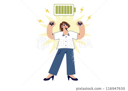 Full of energy woman showing biceps, standing near charged battery, for ready to work concept. Full of energy woman showing biceps, standing near charged battery, for ready to work concept. 116947630
