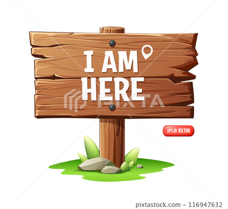 Wood sign realistic, Staked on the grass with rocks and leaves, poster banner design Wood sign realistic, Staked on the grass with rocks and leaves, poster banner design 116947632