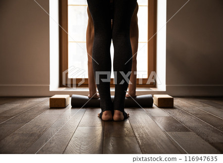 Slender female not personalization figure from back tilt hands touching floor while stretching yoga 116947635
