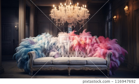 A couch covered in lots of colorful feathers A couch covered in lots of colorful feathers 116947692