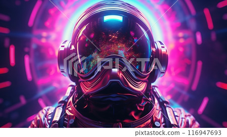 A man astronaut in a space suit standing in front of a neon background 116947693