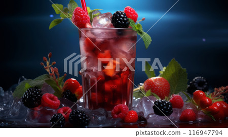 A tall glass beverage with ice and berries in an isolated setting 116947794
