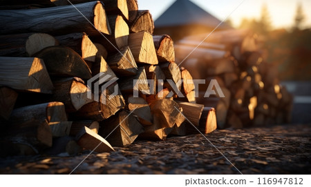A pile of wood sitting on top of a pile of logs 116947812
