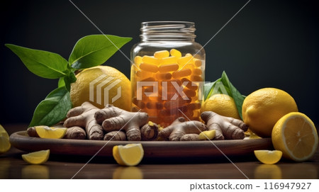 A glass jar filled yellow capsules near sliced lemons and ginger 116947927