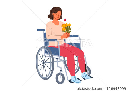 Woman sits in wheelchair holding bouquet of flowers in hands and rejoicing at receiving gift 116947999