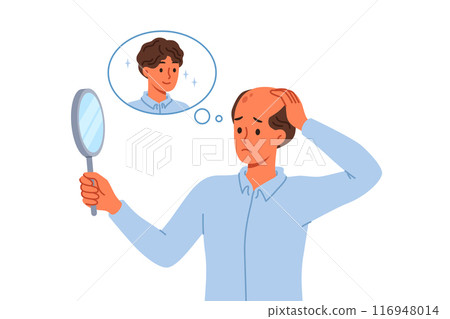 Problem of baldness in man looking in mirror and remembering presence of beautiful hair 116948014