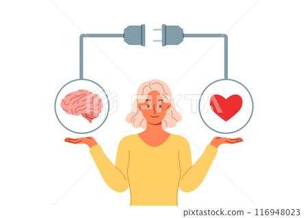Woman tries to achieve balance between feelings and intellect by holding of heart and brain in hands Woman tries to achieve balance between feelings and intellect by holding of heart and brain in hands 116948023