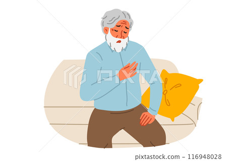 Elderly man feels pain in heart, sitting on couch and needs emergency medical care. 116948028