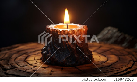 A lit candle sitting on top of a tree stump 116948266