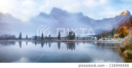 Captivating autumn scene of foggy and sunny morning on Almsee lake. 116948488