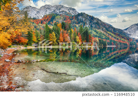 Breathtaking autumn scene of Vorderer Langbathsee lake. Breathtaking autumn scene of Vorderer Langbathsee lake. 116948510