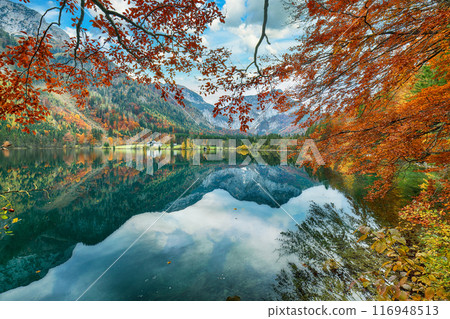 Breathtaking autumn scene of Vorderer Langbathsee lake. Breathtaking autumn scene of Vorderer Langbathsee lake. 116948513