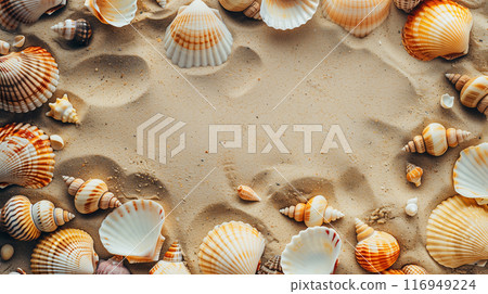 AI 產生的圖像真實地描繪了排列在乾淨的沙子上的各種貝殼和海星的框架。 116949224