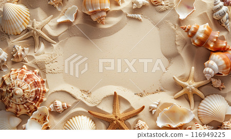 AI 產生的圖像真實地描繪了排列在乾淨的沙子上的各種貝殼和海星的框架。 116949225
