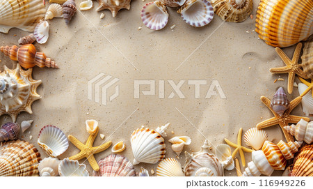 A realistic AI-generated image of a frame of various shells and starfish arranged in clean sand. 116949226