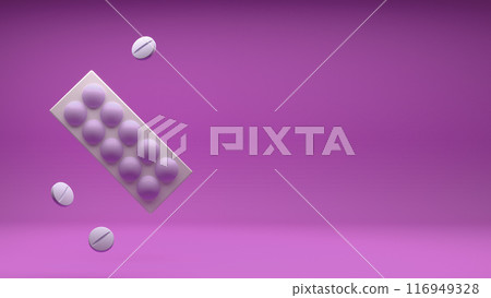 Tablets Blister for Pharmacy and Medicine, with pink tablets on white Background. 3d render. 116949328