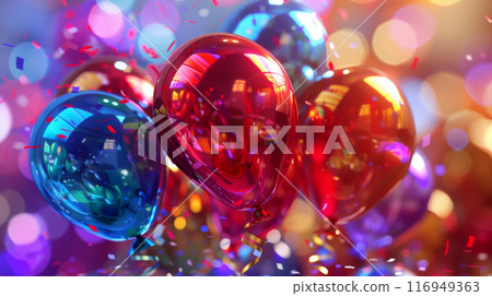 Close-up image of colorful balloons with confetti against a blurred background of colorful lights 116949363