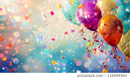 Colorful balloons float against a soft, blurred background of colorful lights and confetti 116949364