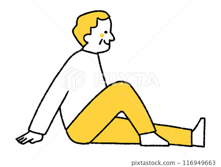 An elderly man sitting on the ground looking at something An elderly man sitting on the ground looking at something 116949663