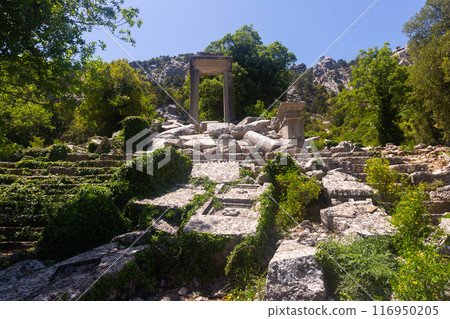 Remains of ancient Hadrian Temple of Termessos in Taurus Mountains in summer, Turkey Remains of ancient Hadrian Temple of Termessos in Taurus Mountains in summer, Turkey 116950205