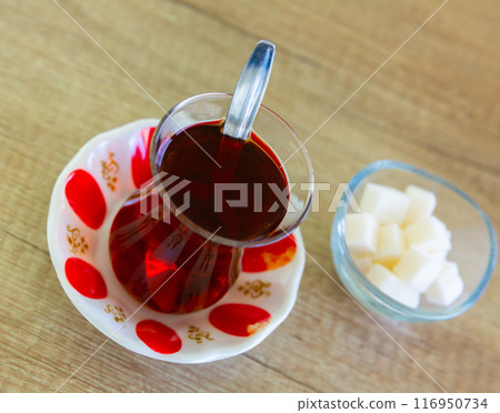 Traditional cup of turkish tea on the table in restaurant 116950734