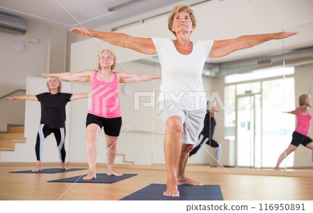 Elderly woman practicing Virabhadrasana during group yoga training Elderly woman practicing Virabhadrasana during group yoga training 116950891