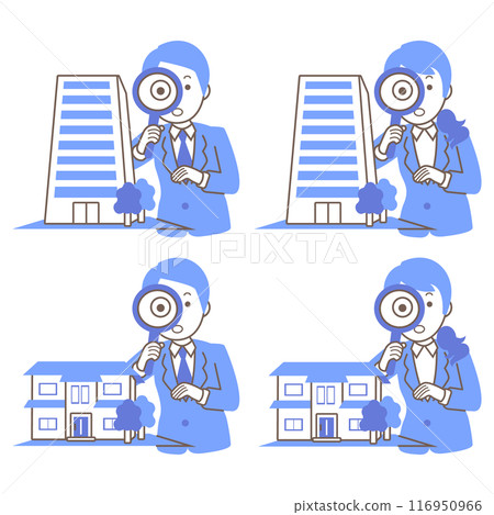 Illustration set of businesswomen and businessmen appraising real estate such as buildings and houses 116950966