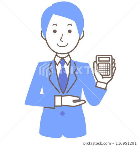 A businessman showing a calculator and proceeding with a business negotiation A businessman showing a calculator and proceeding with a business negotiation 116951291