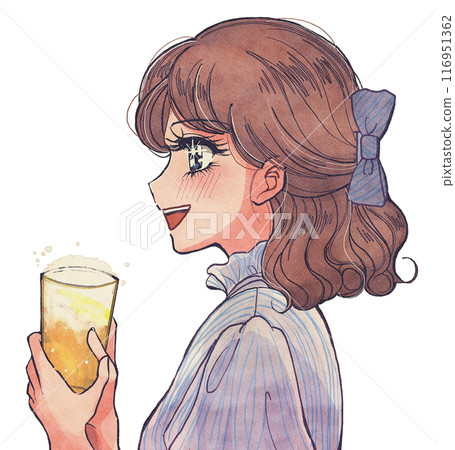 女孩卡通風格的插圖,一個微笑的年輕女士拿著啤酒 女孩卡通風格的插圖,一個微笑的年輕女士拿著啤酒 116951362