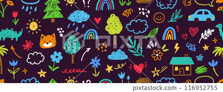 Cute kid flower, child element seamless pattern. Hand drawn doodle sketch children cute vector school chalk background. Kids doodle crayon style line flower, cloud doodle pattern. Vector 116952755