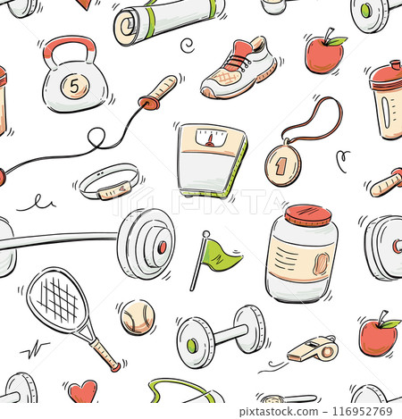 Doodle gym sketch health seamless pattern background. Hand drawn sketch doodle healthy sport, gym fit exercise equipment background. Hand drawn tennis ball, bottle, dumbbell fit. Vector 116952769